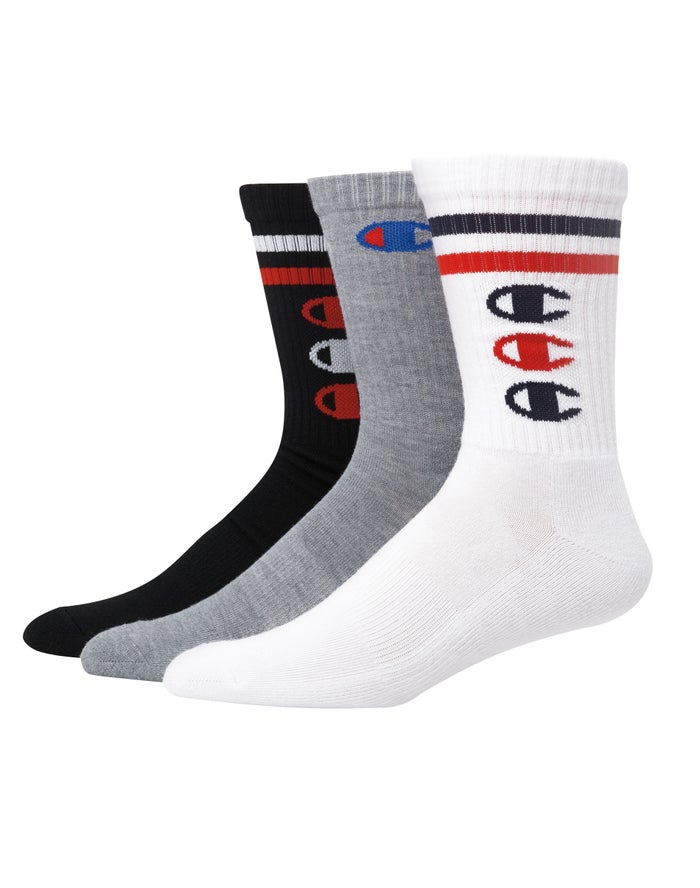 Champion Mens Socks NZ - Crew Triple C Logos 3-Pairs White/Black/Grey ( 9416-UNIDZ )